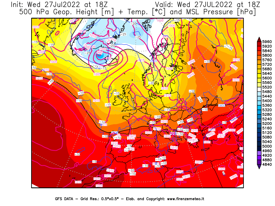 GFS analysi map - Geopotential [m] + Temp. [°C] at 500 hPa + Sea Level Pressure [hPa] in Europe
									on 27/07/2022 18 <!--googleoff: index-->UTC<!--googleon: index-->