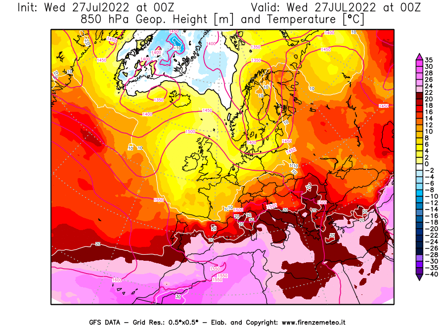 GFS analysi map - Geopotential [m] and Temperature [°C] at 850 hPa in Europe
									on 27/07/2022 00 <!--googleoff: index-->UTC<!--googleon: index-->