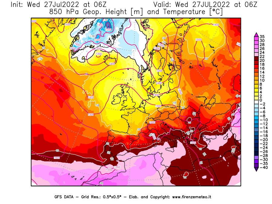 GFS analysi map - Geopotential [m] and Temperature [°C] at 850 hPa in Europe
									on 27/07/2022 06 <!--googleoff: index-->UTC<!--googleon: index-->