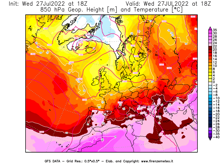 GFS analysi map - Geopotential [m] and Temperature [°C] at 850 hPa in Europe
									on 27/07/2022 18 <!--googleoff: index-->UTC<!--googleon: index-->