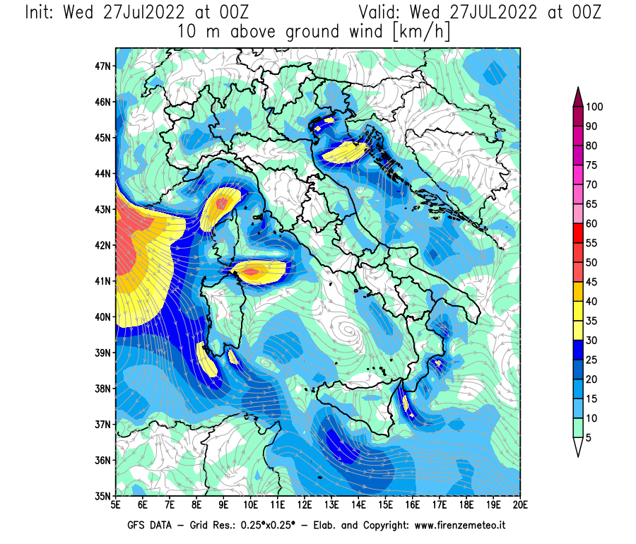 GFS analysi map - Wind Speed at 10 m above ground [km/h] in Italy
									on 27/07/2022 00 <!--googleoff: index-->UTC<!--googleon: index-->