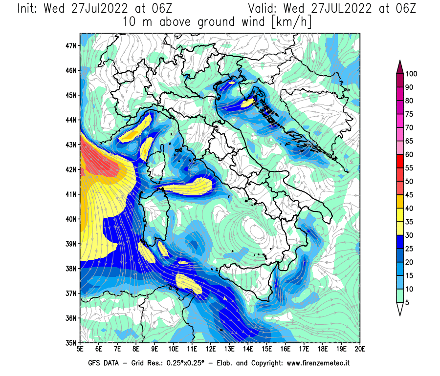GFS analysi map - Wind Speed at 10 m above ground [km/h] in Italy
									on 27/07/2022 06 <!--googleoff: index-->UTC<!--googleon: index-->