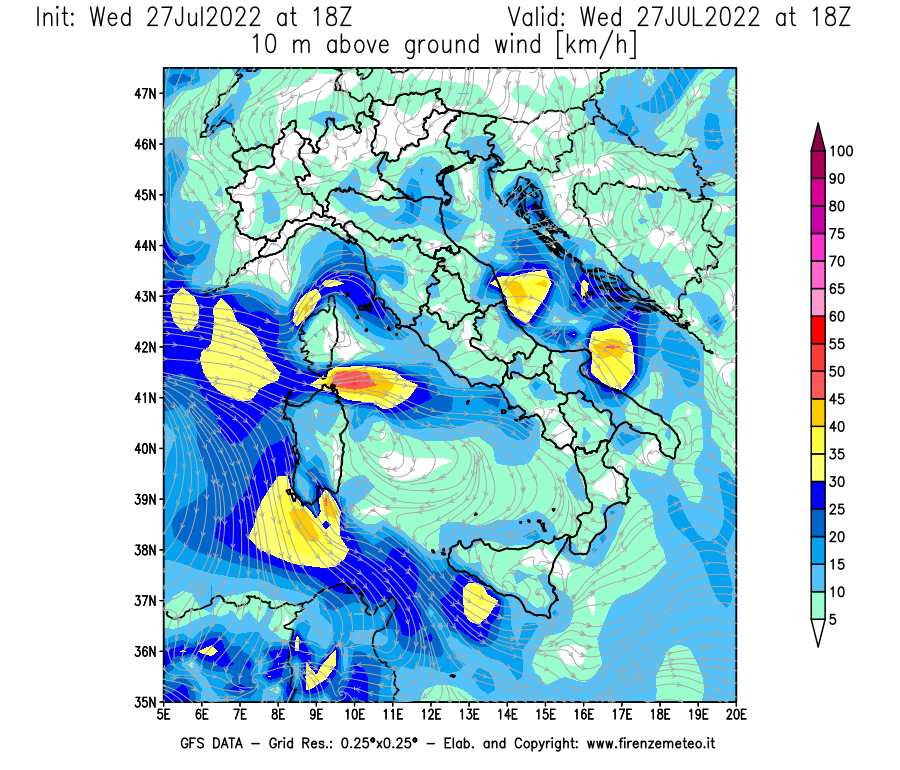 GFS analysi map - Wind Speed at 10 m above ground [km/h] in Italy
									on 27/07/2022 18 <!--googleoff: index-->UTC<!--googleon: index-->