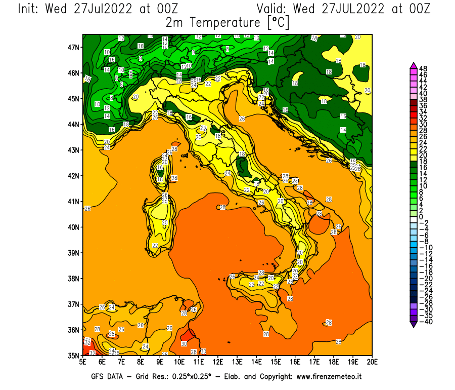 GFS analysi map - Temperature at 2 m above ground [°C] in Italy
									on 27/07/2022 00 <!--googleoff: index-->UTC<!--googleon: index-->