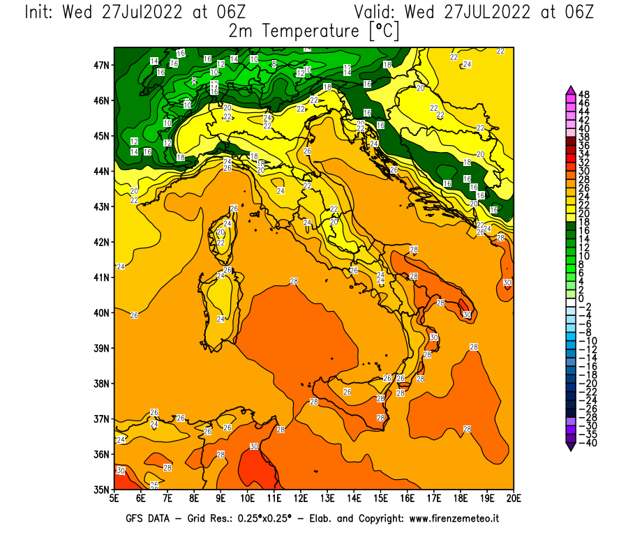 GFS analysi map - Temperature at 2 m above ground [°C] in Italy
									on 27/07/2022 06 <!--googleoff: index-->UTC<!--googleon: index-->