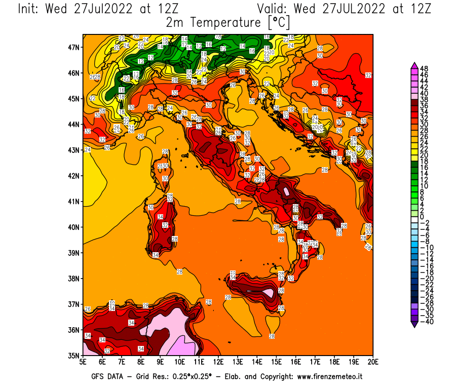 GFS analysi map - Temperature at 2 m above ground [°C] in Italy
									on 27/07/2022 12 <!--googleoff: index-->UTC<!--googleon: index-->