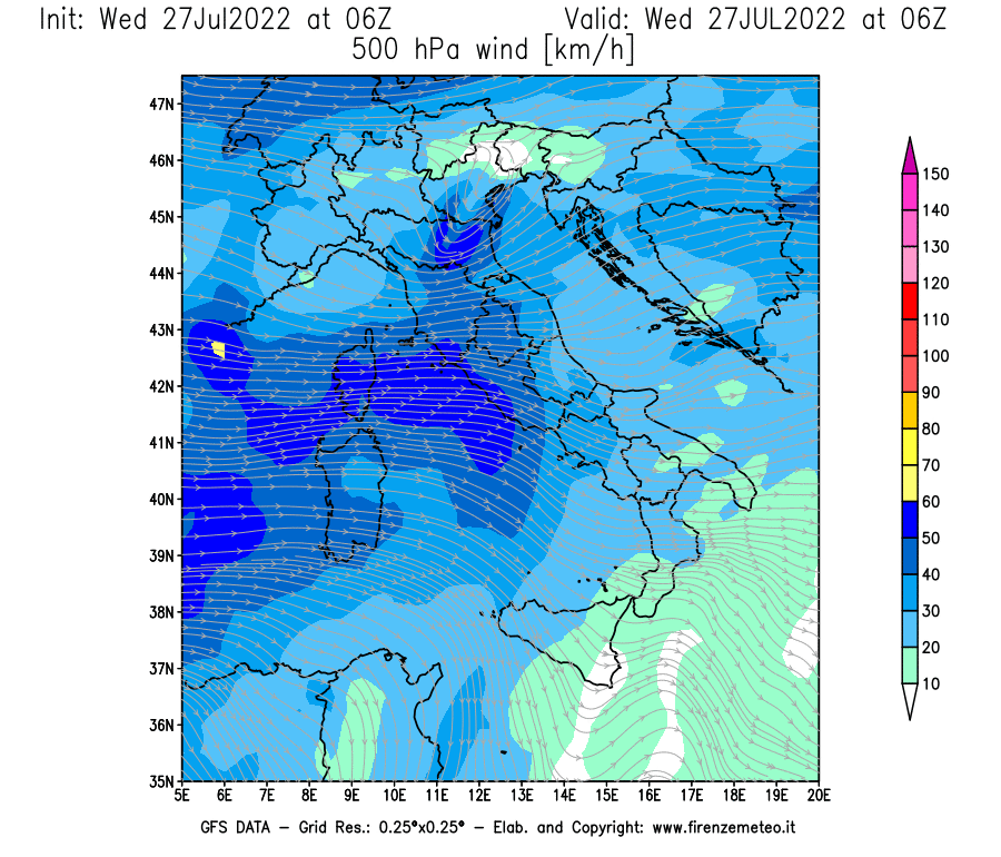 GFS analysi map - Wind Speed at 500 hPa [km/h] in Italy
									on 27/07/2022 06 <!--googleoff: index-->UTC<!--googleon: index-->