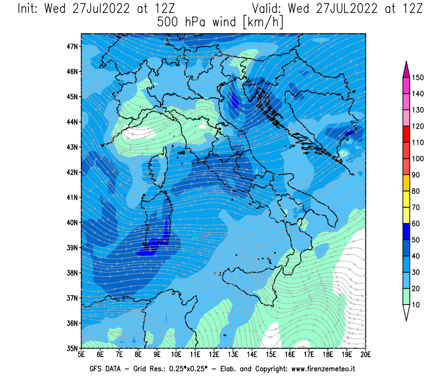 GFS analysi map - Wind Speed at 500 hPa [km/h] in Italy
									on 27/07/2022 12 <!--googleoff: index-->UTC<!--googleon: index-->