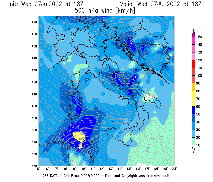 GFS analysi map - Wind Speed at 500 hPa [km/h] in Italy
									on 27/07/2022 18 <!--googleoff: index-->UTC<!--googleon: index-->