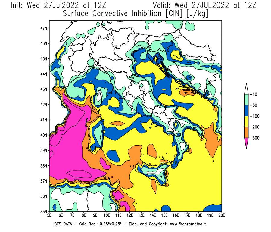 GFS analysi map - CIN [J/kg] in Italy
									on 27/07/2022 12 <!--googleoff: index-->UTC<!--googleon: index-->