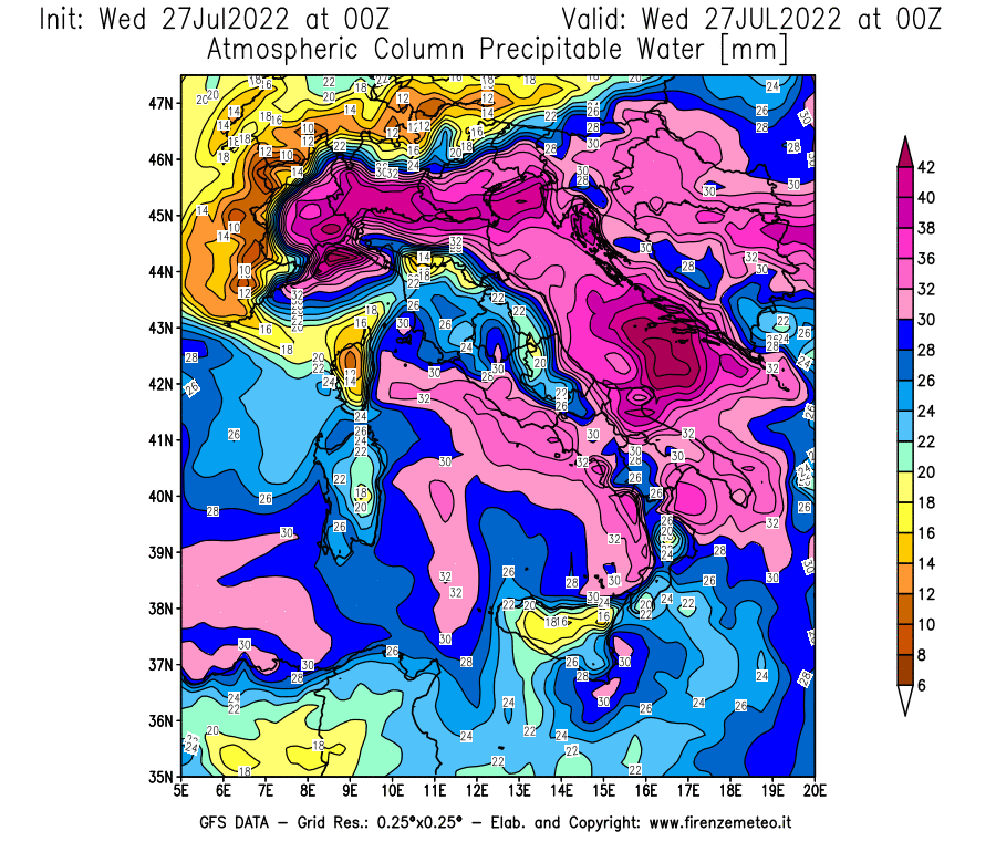 GFS analysi map - Precipitable Water [mm] in Italy
									on 27/07/2022 00 <!--googleoff: index-->UTC<!--googleon: index-->