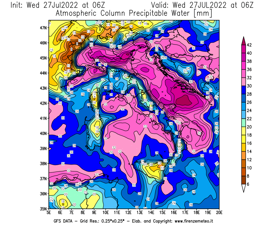 GFS analysi map - Precipitable Water [mm] in Italy
									on 27/07/2022 06 <!--googleoff: index-->UTC<!--googleon: index-->