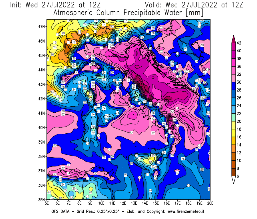 GFS analysi map - Precipitable Water [mm] in Italy
									on 27/07/2022 12 <!--googleoff: index-->UTC<!--googleon: index-->