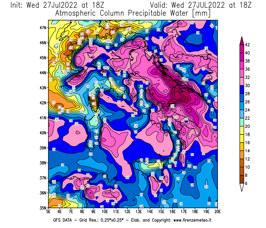 GFS analysi map - Precipitable Water [mm] in Italy
									on 27/07/2022 18 <!--googleoff: index-->UTC<!--googleon: index-->