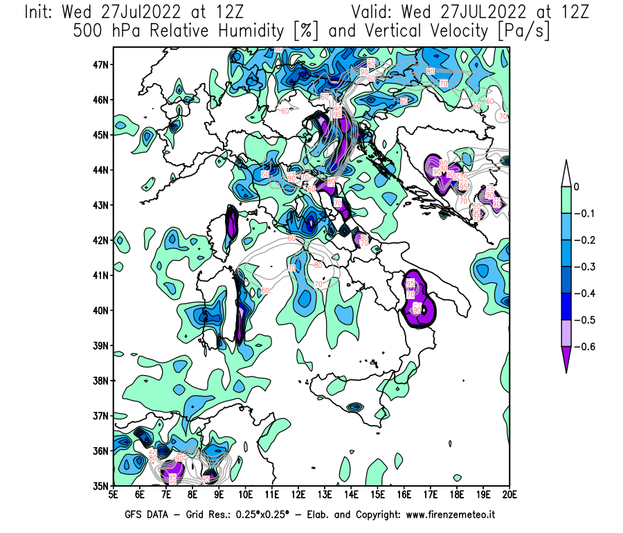 GFS analysi map - Relative Umidity [%] and Omega [Pa/s] at 500 hPa in Italy
									on 27/07/2022 12 <!--googleoff: index-->UTC<!--googleon: index-->