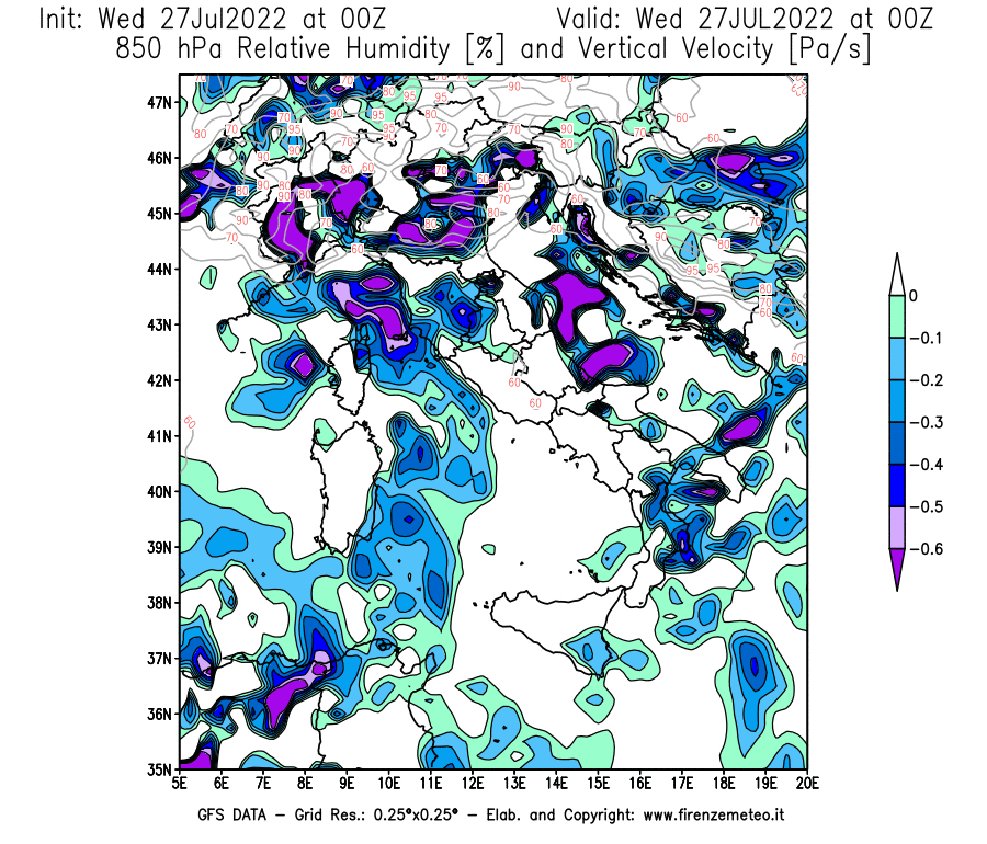 GFS analysi map - Relative Umidity [%] and Omega [Pa/s] at 850 hPa in Italy
									on 27/07/2022 00 <!--googleoff: index-->UTC<!--googleon: index-->