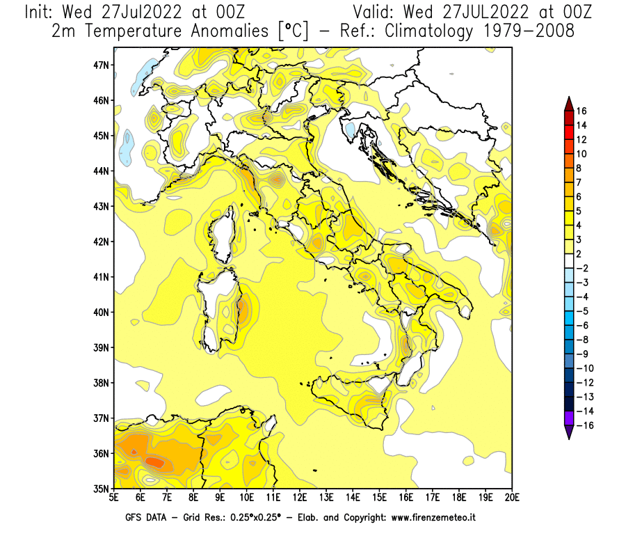 GFS analysi map - Temperature Anomalies [°C] at 2 m in Italy
									on 27/07/2022 00 <!--googleoff: index-->UTC<!--googleon: index-->
