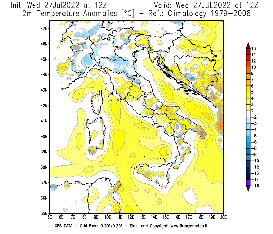 GFS analysi map - Temperature Anomalies [°C] at 2 m in Italy
									on 27/07/2022 12 <!--googleoff: index-->UTC<!--googleon: index-->