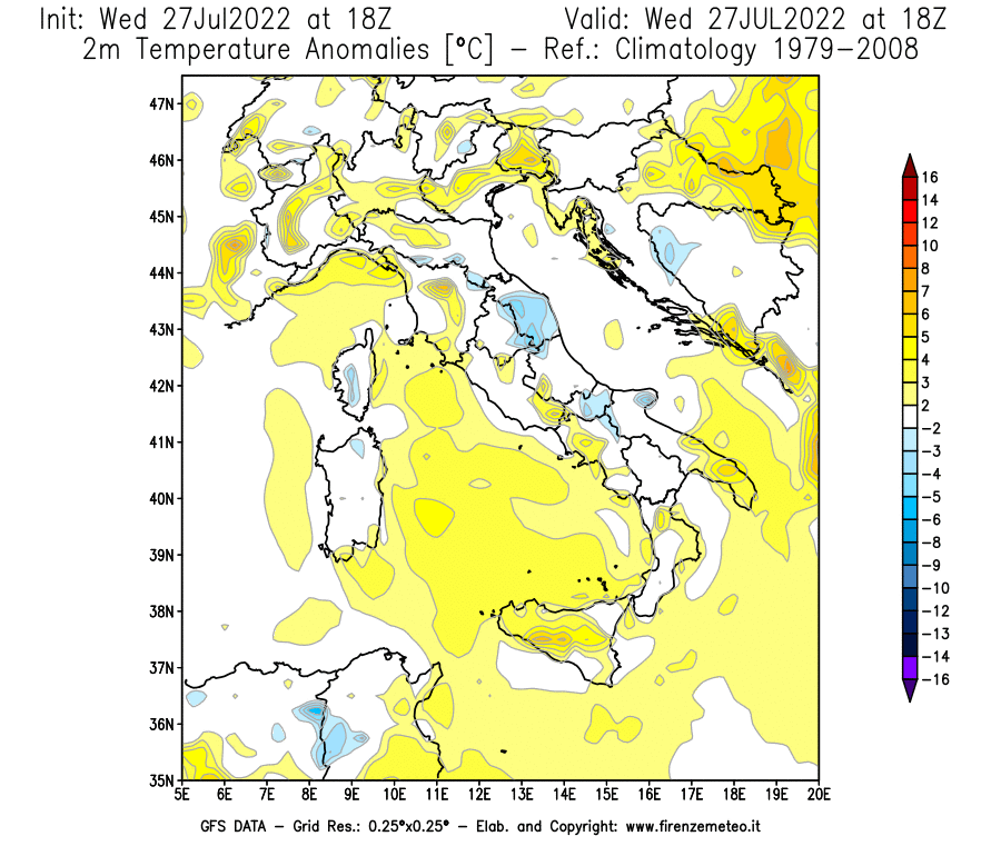 GFS analysi map - Temperature Anomalies [°C] at 2 m in Italy
									on 27/07/2022 18 <!--googleoff: index-->UTC<!--googleon: index-->