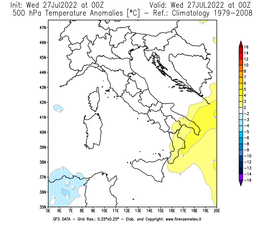 GFS analysi map - Temperature Anomalies [°C] at 500 hPa in Italy
									on 27/07/2022 00 <!--googleoff: index-->UTC<!--googleon: index-->