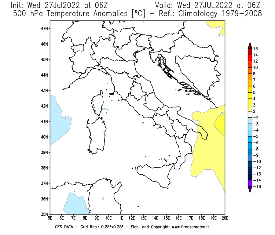 GFS analysi map - Temperature Anomalies [°C] at 500 hPa in Italy
									on 27/07/2022 06 <!--googleoff: index-->UTC<!--googleon: index-->