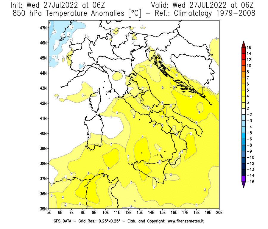 GFS analysi map - Temperature Anomalies [°C] at 850 hPa in Italy
									on 27/07/2022 06 <!--googleoff: index-->UTC<!--googleon: index-->