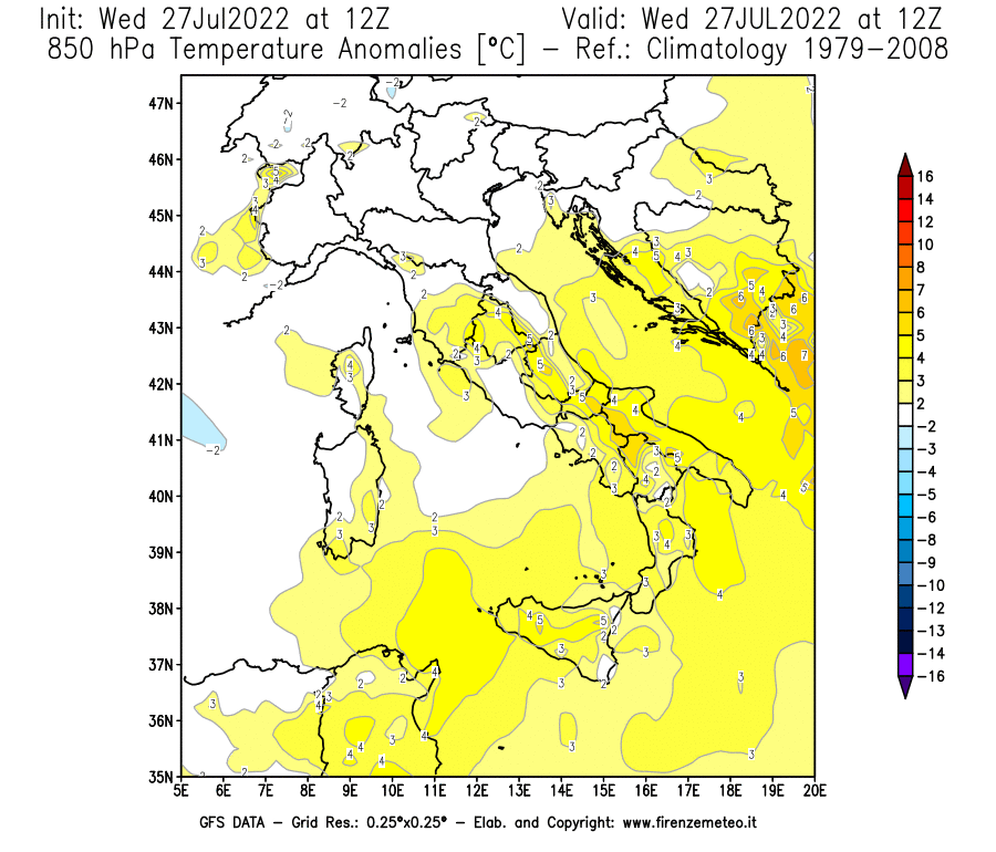 GFS analysi map - Temperature Anomalies [°C] at 850 hPa in Italy
									on 27/07/2022 12 <!--googleoff: index-->UTC<!--googleon: index-->