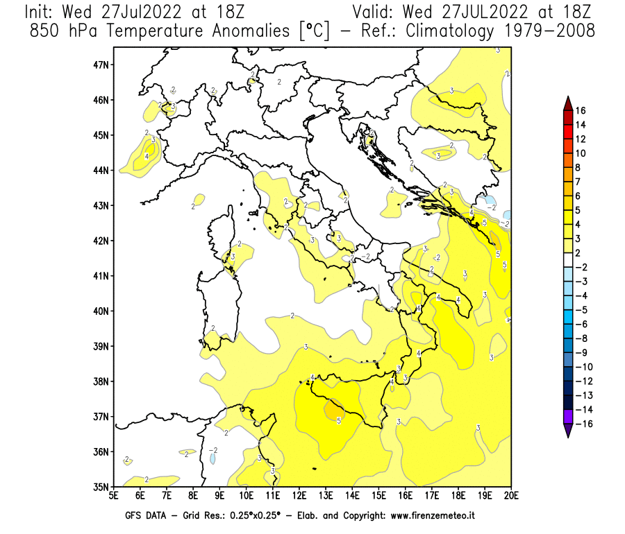 GFS analysi map - Temperature Anomalies [°C] at 850 hPa in Italy
									on 27/07/2022 18 <!--googleoff: index-->UTC<!--googleon: index-->