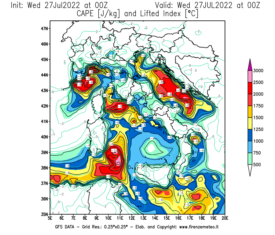 GFS analysi map - CAPE [J/kg] and Lifted Index [°C] in Italy
									on 27/07/2022 00 <!--googleoff: index-->UTC<!--googleon: index-->