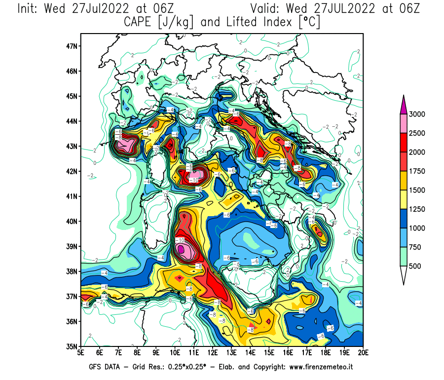 GFS analysi map - CAPE [J/kg] and Lifted Index [°C] in Italy
									on 27/07/2022 06 <!--googleoff: index-->UTC<!--googleon: index-->