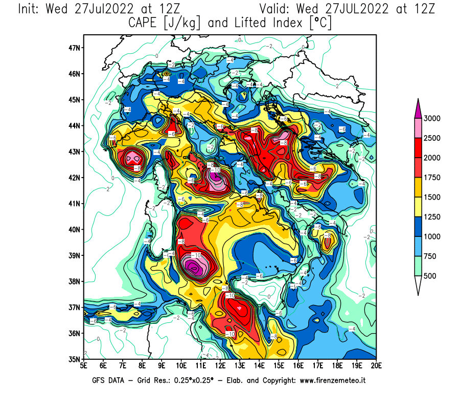 GFS analysi map - CAPE [J/kg] and Lifted Index [°C] in Italy
									on 27/07/2022 12 <!--googleoff: index-->UTC<!--googleon: index-->