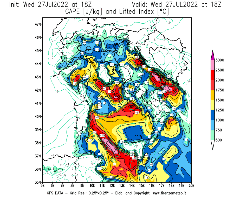 GFS analysi map - CAPE [J/kg] and Lifted Index [°C] in Italy
									on 27/07/2022 18 <!--googleoff: index-->UTC<!--googleon: index-->