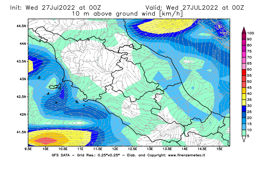 GFS analysi map - Wind Speed at 10 m above ground [km/h] in Central Italy
									on 27/07/2022 00 <!--googleoff: index-->UTC<!--googleon: index-->