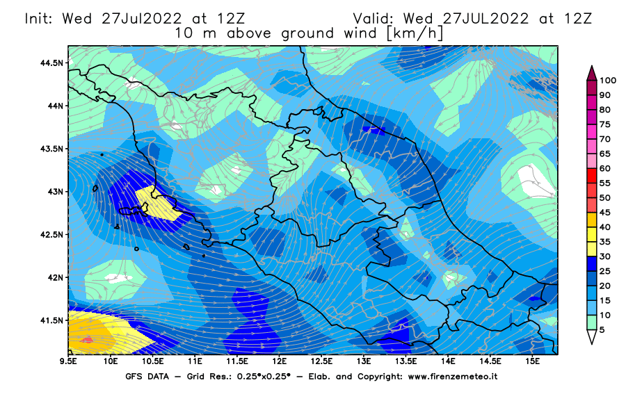 GFS analysi map - Wind Speed at 10 m above ground [km/h] in Central Italy
									on 27/07/2022 12 <!--googleoff: index-->UTC<!--googleon: index-->