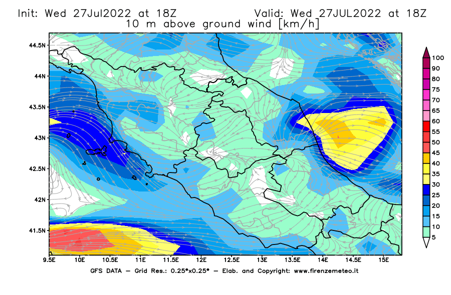 GFS analysi map - Wind Speed at 10 m above ground [km/h] in Central Italy
									on 27/07/2022 18 <!--googleoff: index-->UTC<!--googleon: index-->