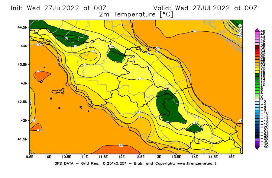 GFS analysi map - Temperature at 2 m above ground [°C] in Central Italy
									on 27/07/2022 00 <!--googleoff: index-->UTC<!--googleon: index-->