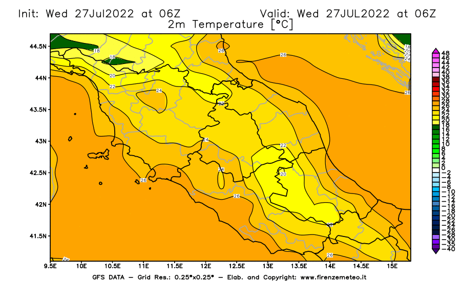 GFS analysi map - Temperature at 2 m above ground [°C] in Central Italy
									on 27/07/2022 06 <!--googleoff: index-->UTC<!--googleon: index-->