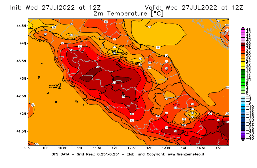 GFS analysi map - Temperature at 2 m above ground [°C] in Central Italy
									on 27/07/2022 12 <!--googleoff: index-->UTC<!--googleon: index-->
