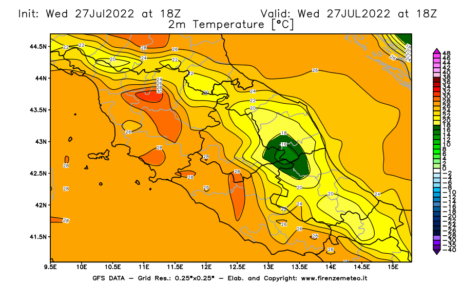 GFS analysi map - Temperature at 2 m above ground [°C] in Central Italy
									on 27/07/2022 18 <!--googleoff: index-->UTC<!--googleon: index-->
