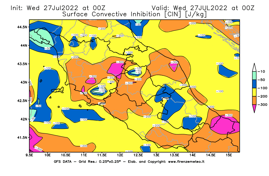 GFS analysi map - CIN [J/kg] in Central Italy
									on 27/07/2022 00 <!--googleoff: index-->UTC<!--googleon: index-->