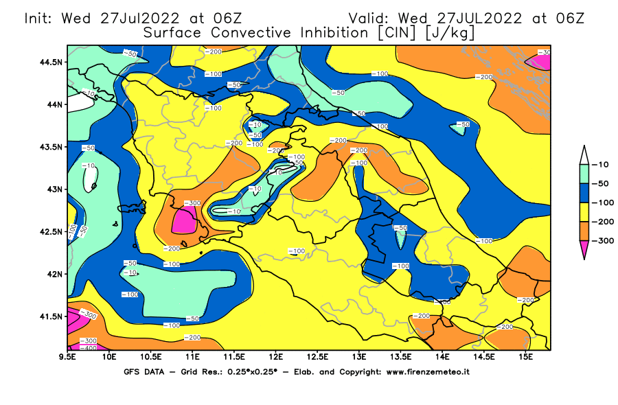 GFS analysi map - CIN [J/kg] in Central Italy
									on 27/07/2022 06 <!--googleoff: index-->UTC<!--googleon: index-->