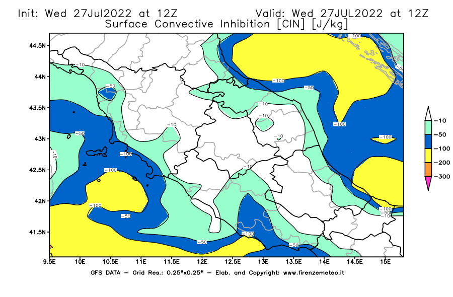 GFS analysi map - CIN [J/kg] in Central Italy
									on 27/07/2022 12 <!--googleoff: index-->UTC<!--googleon: index-->