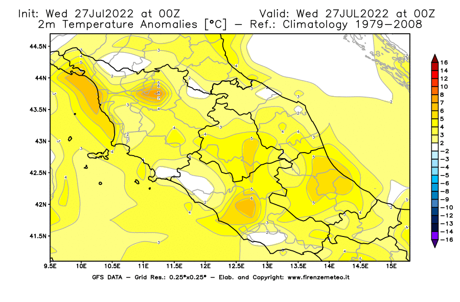 GFS analysi map - Temperature Anomalies [°C] at 2 m in Central Italy
									on 27/07/2022 00 <!--googleoff: index-->UTC<!--googleon: index-->