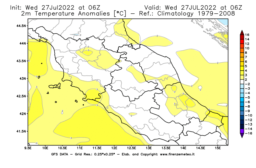 GFS analysi map - Temperature Anomalies [°C] at 2 m in Central Italy
									on 27/07/2022 06 <!--googleoff: index-->UTC<!--googleon: index-->