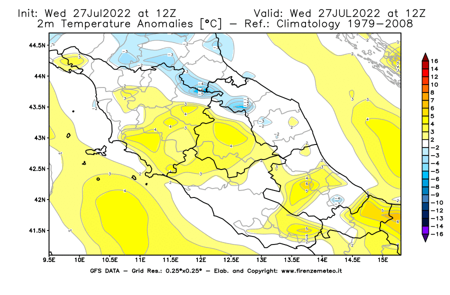 GFS analysi map - Temperature Anomalies [°C] at 2 m in Central Italy
									on 27/07/2022 12 <!--googleoff: index-->UTC<!--googleon: index-->