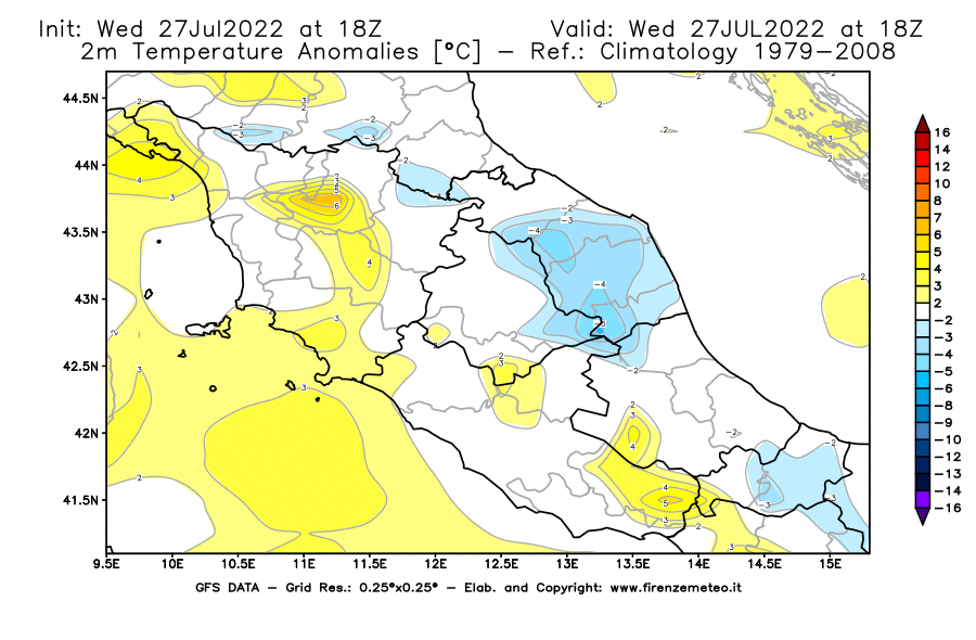 GFS analysi map - Temperature Anomalies [°C] at 2 m in Central Italy
									on 27/07/2022 18 <!--googleoff: index-->UTC<!--googleon: index-->