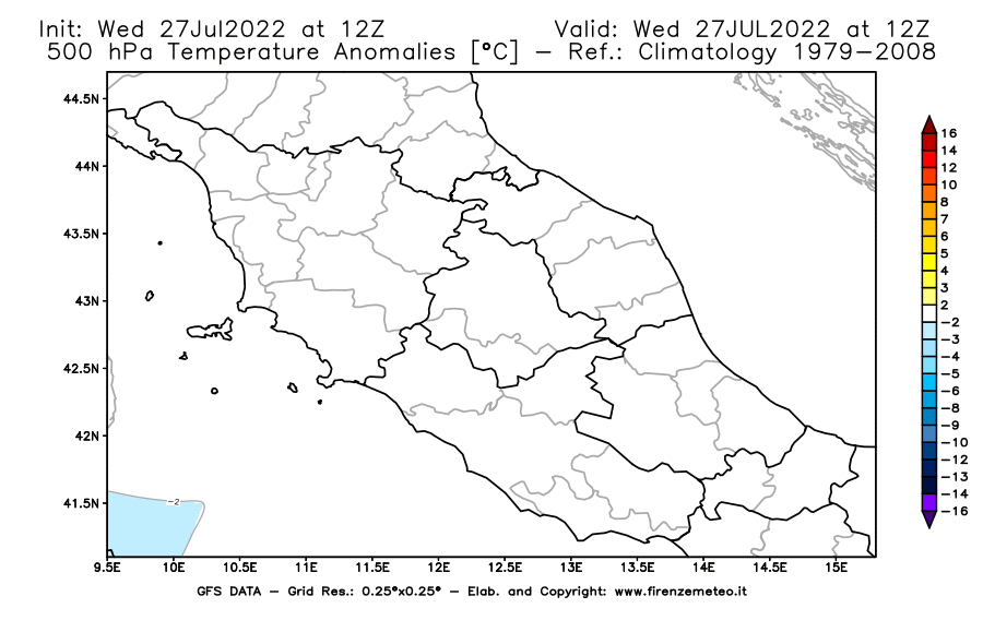 GFS analysi map - Temperature Anomalies [°C] at 500 hPa in Central Italy
									on 27/07/2022 12 <!--googleoff: index-->UTC<!--googleon: index-->
