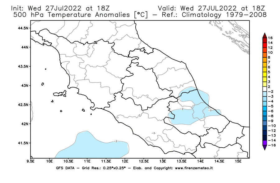 GFS analysi map - Temperature Anomalies [°C] at 500 hPa in Central Italy
									on 27/07/2022 18 <!--googleoff: index-->UTC<!--googleon: index-->