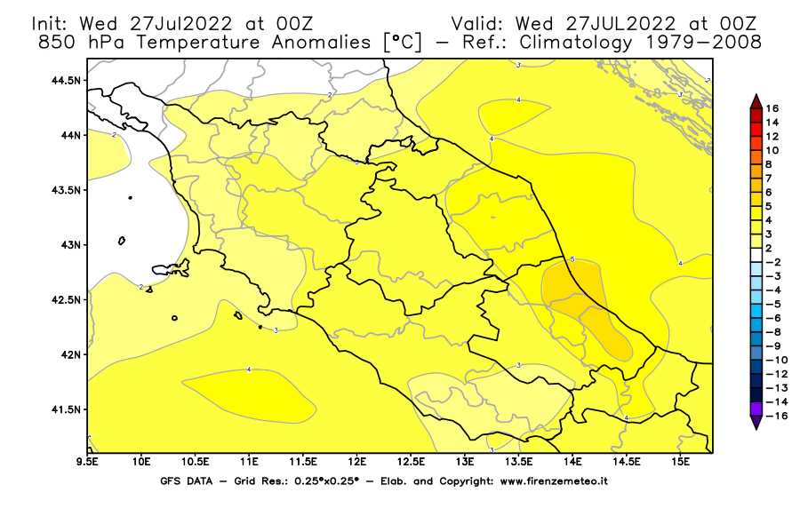 GFS analysi map - Temperature Anomalies [°C] at 850 hPa in Central Italy
									on 27/07/2022 00 <!--googleoff: index-->UTC<!--googleon: index-->