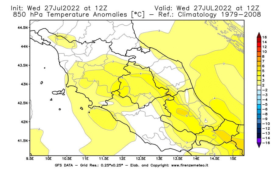 GFS analysi map - Temperature Anomalies [°C] at 850 hPa in Central Italy
									on 27/07/2022 12 <!--googleoff: index-->UTC<!--googleon: index-->